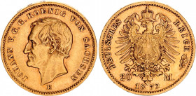 Germany - Empire Saxony 20 Mark 1872 E
KM# 1233, J# 258; Johann v. Sachsen; Gold (.900), 7.96g. XF, mint luster, one year type