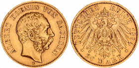 Germany - Empire Saxony 20 Mark 1894 E
KM# 1248, J# 264; Albert v. Sachsen; Gold (.900), 7.96g. AUNC