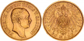 Germany - Empire Saxony 20 Mark 1905 E
KM# 1265, J# 268; Friedrich August III v. Sachsen; Gold (.900), 7.96g. AU-UNC