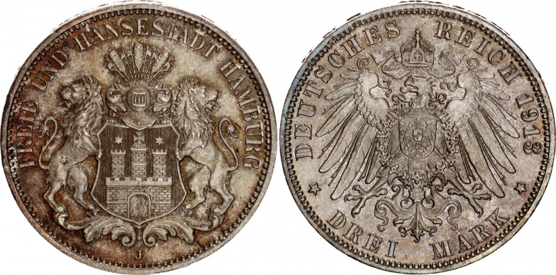 Germany - Empire Hamburg 3 Mark 1913 J
KM# 620; Silver; UNC with nice toning