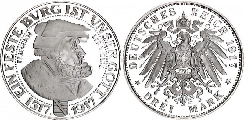 Germany - Empire Saxony 3 Mark 1917 E (1991) Restrike
KM# 1276; Silver., Proof;...