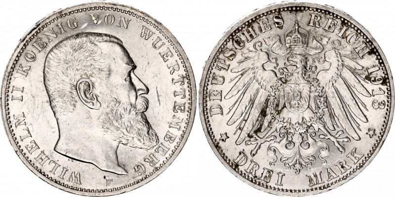 Germany - Empire Wurttemberg 3 Mark 1913 F
KM# 635; Silver; Wilhelm II; AUNC/UN...