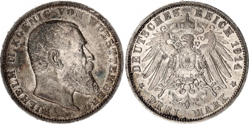 Germany - Empire Wurttemberg 3 Mark 1914 F
KM# 635; Silver; Wilhelm II; XF/AUNC...