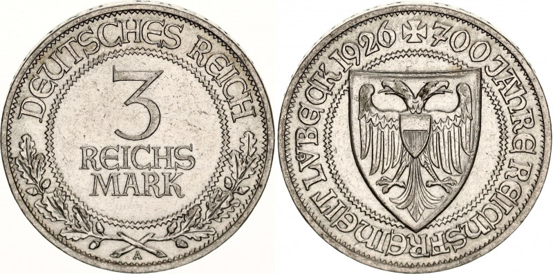 Germany - Weimar Republic 3 Reichsmark 1926 A
KM# 48; J. 323; Silver; 700 Years...