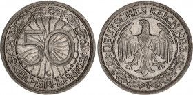 Germany - Weimar Republic 50 Reichspfennig 1933 G Rare
KM# 49; AKS# 40; J. 324; N# 2546; Nickel; Mint: Karlsruhe; UNC Toned