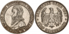 Germany - Weimar Republic 5 Reichsmark 1927 F
KM# 55; J. 329; Silver; 450th Anniversary of the Tubingen University; Mint: Stuttgart; UNC