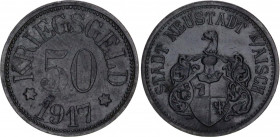 Germany - Weimar Republic Neustadt Bayern 50 Pfennig 1917 Rare
Funck# 372.3, Men05# 18654.3, Men18# 23323.3; N# 228628; Zink; Notgeld; XF