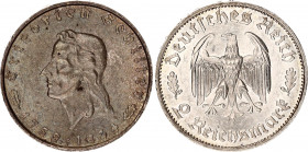 Germany - Third Reich 2 Reichsmark 1934 F
KM# 84; Silver; Friedrich Shiller; AUNC with minor hairlines & nice toning