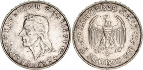Germany - Third Reich 2 Reichsmark 1934 F
KM# 84; AKS# 94; J. 358; N# 15867; Silver; 175th Anniversary of Friedrich Schiller's Birth; Mint: Stuttgart...