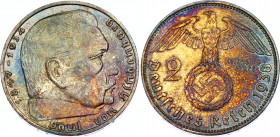 Germany - Third Reich 2 Reichsmark 1938 E
KM# 93; N# 3416; Silver; Paul von Hindenburg; UNC with outstanding toning