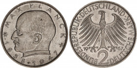 Germany - FRG 2 Mark 1967 J
KM# 116; J. 392; Schön# 115; N# 845; Copper-Nickel; Max Planck; Mint: Hamburg; UNC Toned