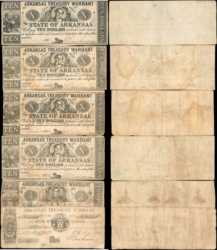 Lot of (6). Arkansas. Arkansas Treasury Warrants. 1862-63 $1, $2 & $10. Fine.
A...