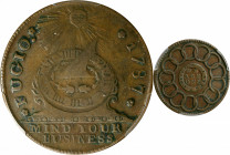 "1787" (ca. 1860) Fugio Cent. "New Haven Restrike". Newman-104FF, W-17560. Rarity-3. Copper. VF-35 (PCGS).
PCGS# 916. NGC ID: 2B8S.
Estimate: $1500