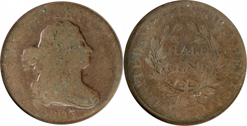 1807 Draped Bust Half Cent. Good-4 (ANACS). OH.
PCGS# 1104.
Estimate: $75