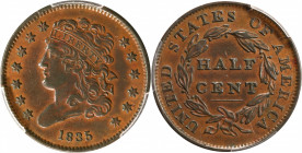1835 Classic Head Half Cent. AU-50 (PCGS). CAC.
PCGS# 1168. NGC ID: 2233.
Estimate: $125