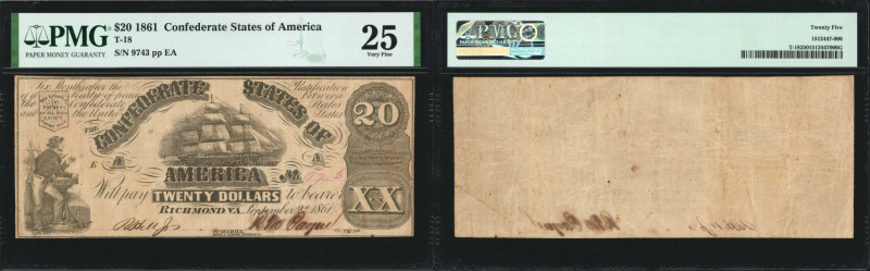 T-18. Confederate Currency. 1861 $20. PMG Very Fine 25.
No. 9743, Plate EA.
Es...