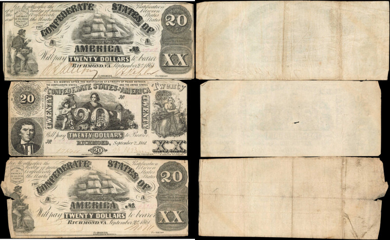 Lot of (3). T-18 & T-20. Confederate Currency. 1861 $20. Fine to Very Fine.
Inc...