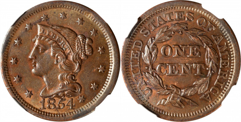 1854 Braided Hair Cent. MS-62 BN (NGC).
PCGS# 1904. NGC ID: 226L.
Estimate: $1...