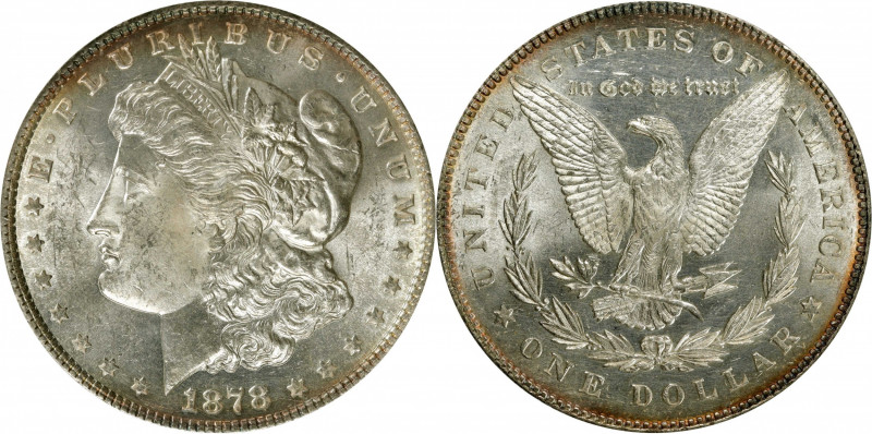 1878 Morgan Silver Dollar. 7 Tailfeathers. Reverse of 1878. VAM-130B. MS-60 Deta...