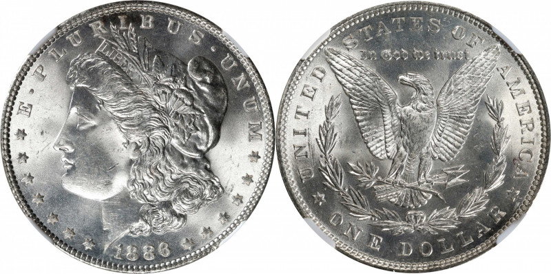 1886 Morgan Silver Dollar. VAM-1C. Hot 50 Variety. 3+2 Clashed Reverse. MS-65 (N...