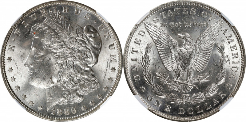 1886 Morgan Silver Dollar. VAM-1C. Hot 50 Variety. 3+2 Clashed Reverse. MS-63 (N...