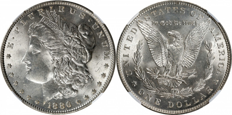 1886 Morgan Silver Dollar. VAM-1C. Hot 50 Variety. 3+2 Clashed Reverse. MS-63 (N...