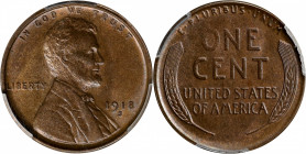 1918-S Lincoln Cent. MS-65 BN (PCGS). CAC.
PCGS# 2510. NGC ID: 22BX.
Estimate: $600