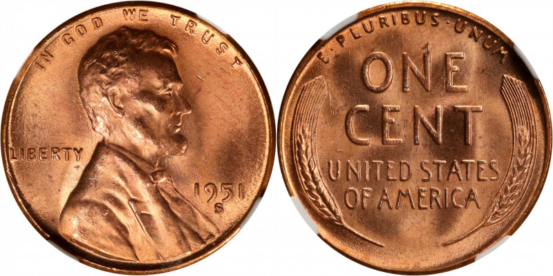 1951-S Lincoln Cent. MS-67 RD (NGC).
PCGS# 2794. NGC ID: 22F5.
Estimate: $200