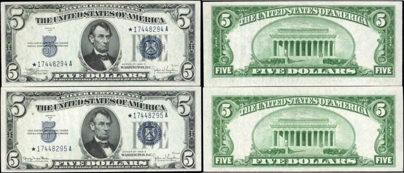 Lot of (2). Fr. 1653* & 1654*. 1934C-34D $5 Silver Certificate Star Notes. Choic...