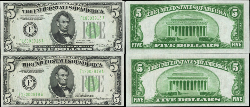 Lot of (2). Fr. 1956-F & 1957-F. 1934-34A $5 Federal Reserve Notes. Atlanta. Cho...