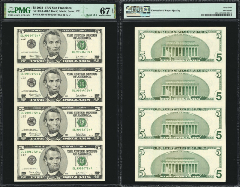 Uncut Sheet of (4). Fr. 1990-L. 2003 $5 Federal Reserve Notes. San Francisco. PM...