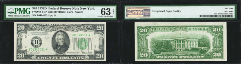 Fr. 2058-BW*. 1934D $20 Federal Reserve Star Note. Wide. New York. PMG Choice Un...