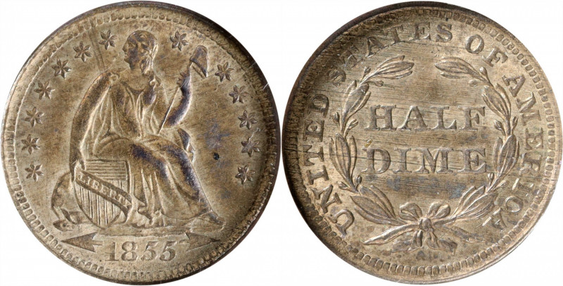 1855 Liberty Seated Half Dime. Arrows. MS-64 (NGC). OH.
PCGS# 4360. NGC ID: 234...