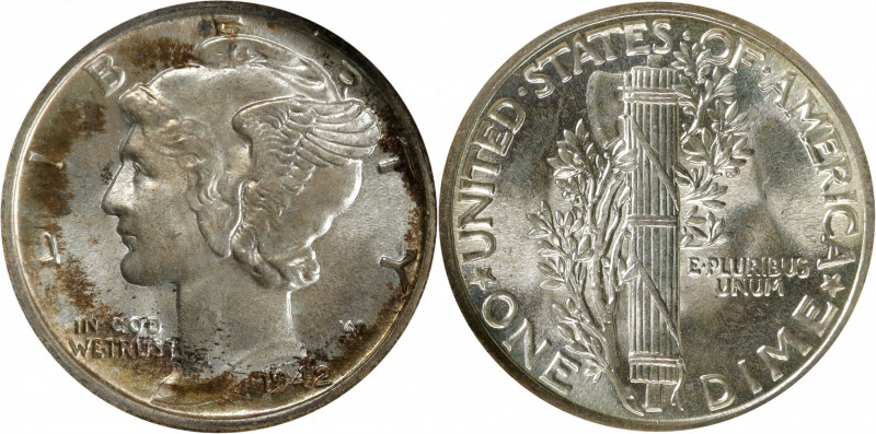 1942 Mercury Dime. MS-65 (NGC). OH.
PCGS# 5034. NGC ID: 23K3.
Estimate: $100