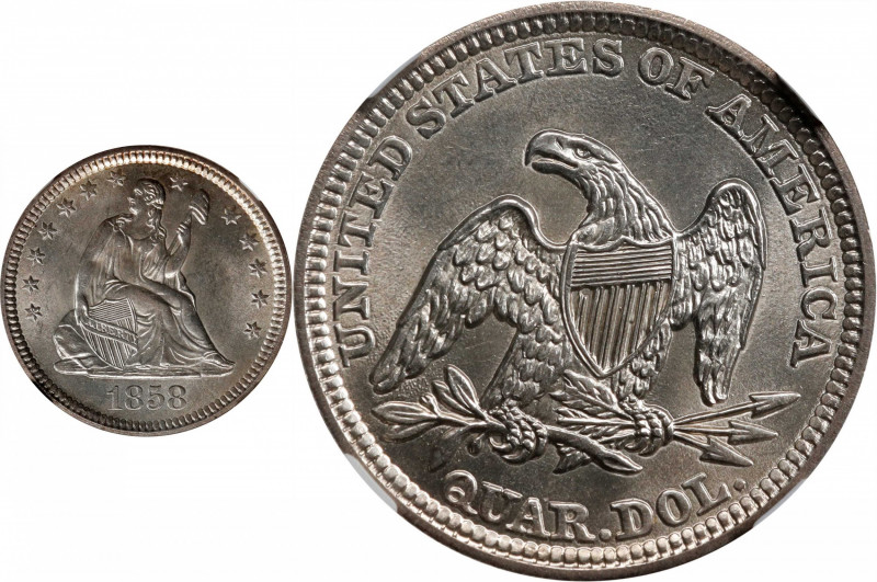 1858 Liberty Seated Quarter. MS-64 (NGC).
PCGS# 5445. NGC ID: 23TH.
Estimate: ...