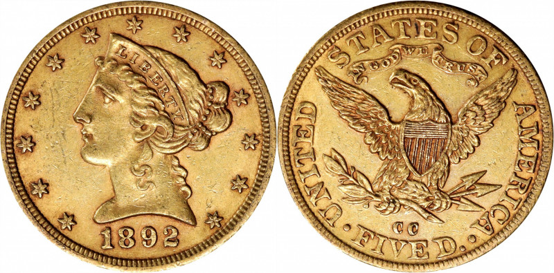 1892-CC Liberty Head Half Eagle. Mint State, Cleaned (Uncertified).
PCGS# 8380....