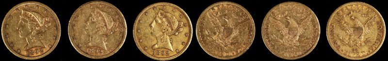 Lot of (3) 1892-CC Liberty Head Half Eagles. EF-AU (Uncertified).
All examples ...