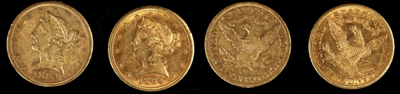 Lot of (2) 1894-O Liberty Head Half Eagles. EF-AU (Uncertified).
Both examples ...