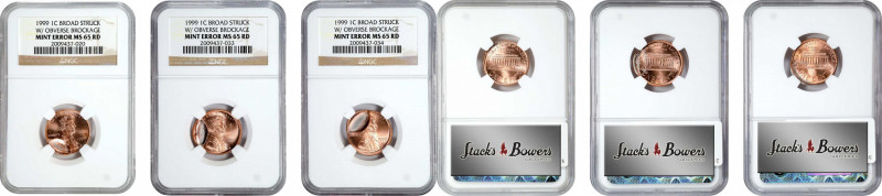 Lot of (3) 1999 Lincoln Cents--Broadstruck with Obverse Brockage--MS-65 RD (NGC)...