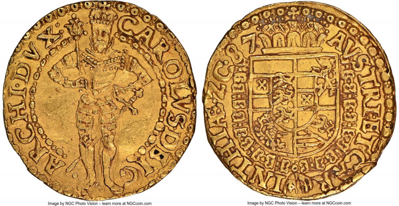 Archduke Karl gold Ducat 1587 AU Details (Edge Filling) NGC, Klagenfurt mint, Fr...