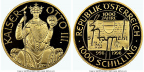 Republic gold Proof 1000 Schilling 1996 PR69 Ultra Cameo NGC, Vienna mint, KM3037. Millennium of the name Osterreich commemorative. AGW 0.5144 oz. 
...