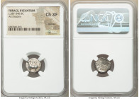 THRACE. Byzantium. Ca. 387-340 BC. AR siglos or drachm (14mm). NGC Choice XF, brushed. Chian standard. ΠY, bull standing left on dolphin left, right f...
