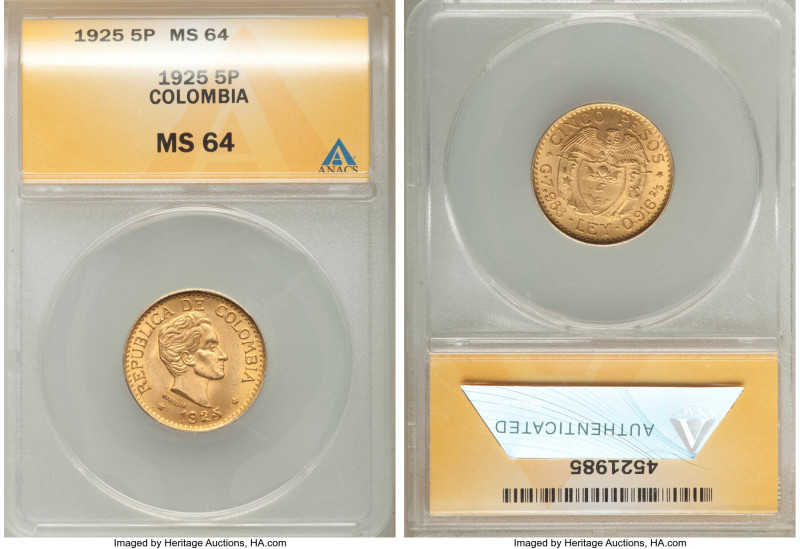 Republic gold 5 Pesos 1925 MS64 ANACS, Medellin (MFDELLIN) mint, KM204. AGW 0.23...