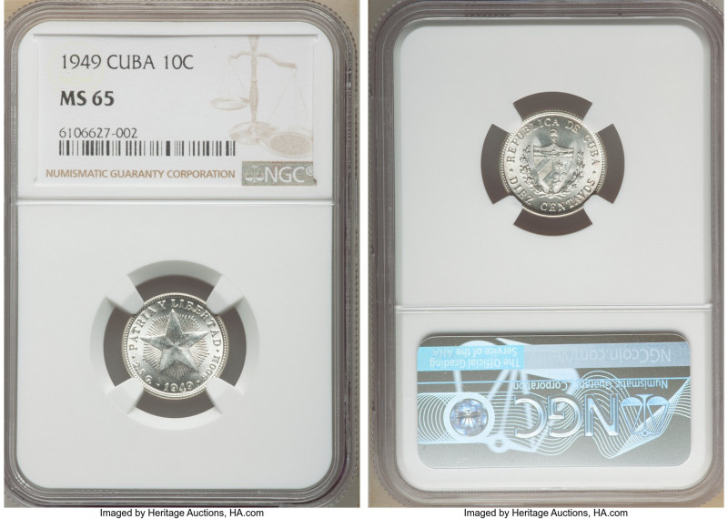 Republic 10 Centavos 1949 MS65 NGC, Philadelphia mint, KM-A12. Icy white untoned...