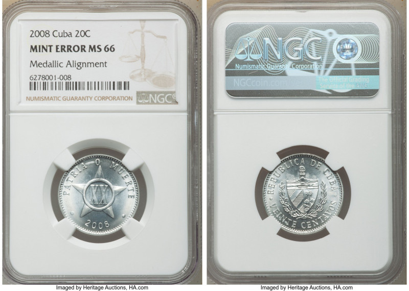 Republic Mint Error - Medal Alignment 20 Centavos 2008 MS66 NGC, Havana mint, KM...