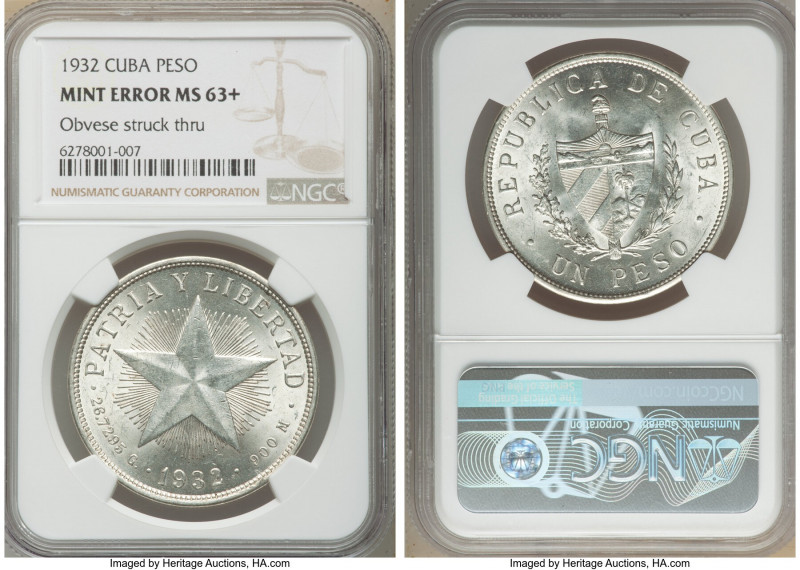 Republic Mint Error - Obverse Struck Through "Star" Peso 1932 MS63+ NGC, Philade...