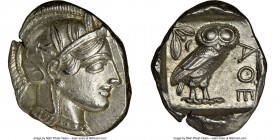 ATTICA. Athens. Ca. 440-404 BC. AR tetradrachm (27mm, 17.21 gm, 7h). NGC Choice AU 5/5 - 4/5. Mid-mass coinage issue. Head of Athena right, wearing ea...