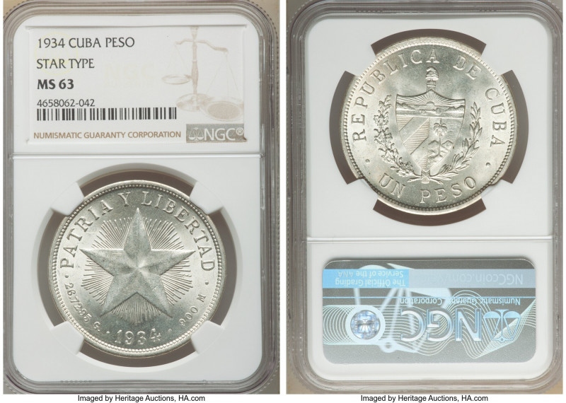 Republic "Star" Peso 1934 MS63 NGC, Philadelphia mint, KM15.2.

HID09801242017...