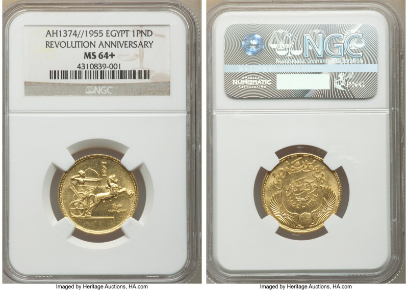 Arab Republic gold "Revolution Anniversary" Pound AH 1374 (1955) MS64+ NGC, KM38...