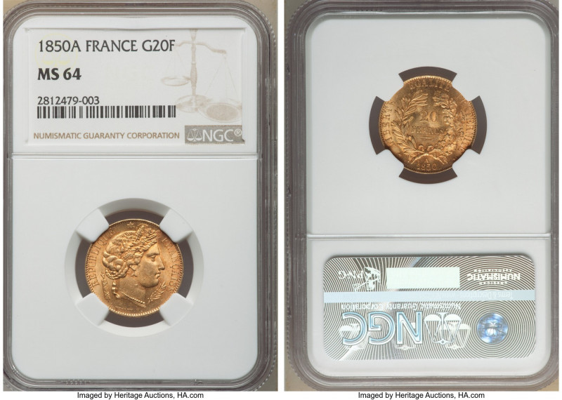 Republic gold 20 Francs 1850-A MS64 NGC, Paris mint, KM762. Blush toned lustrous...